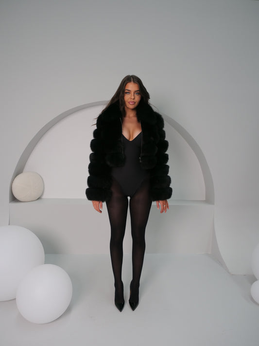 Athena Fox Fur Coat in Black